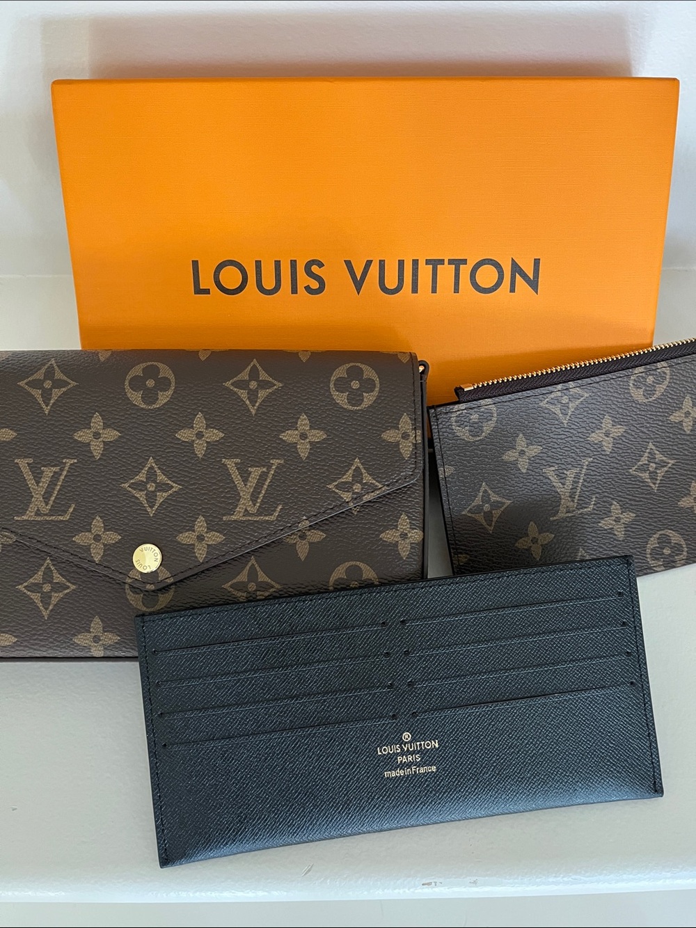 NWT Pochette 3-Piece Set Felicie LV Fashion Bag Purse Wallet Set Brown Gold